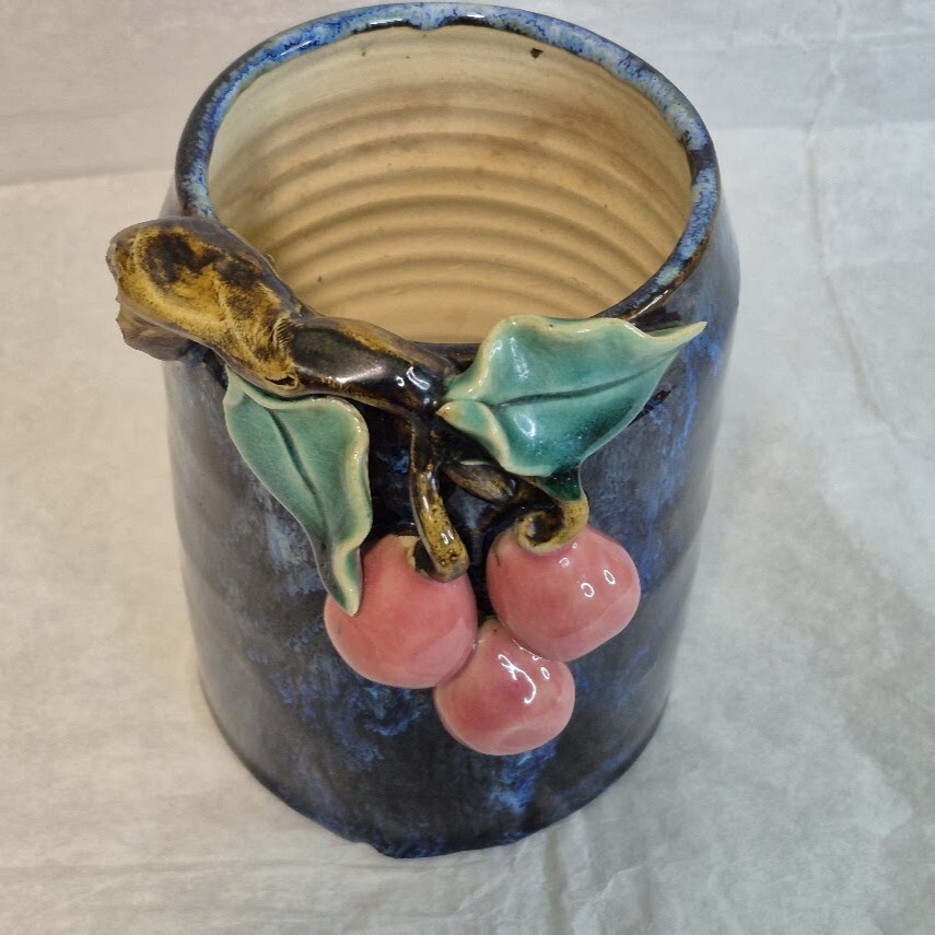 Cylindar Vintage Shiwan Stoneware Inspired Brush Pot Vase Handbuilt 3-D Fruit