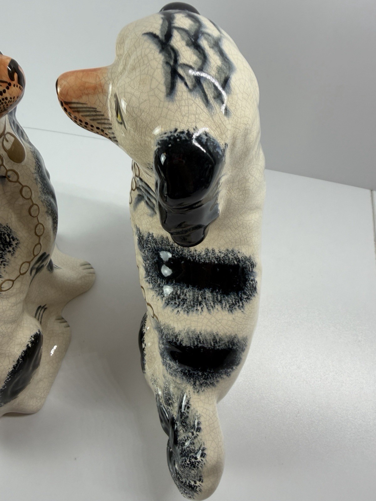 Pair of Staffordshire England Black White Porcelain Spaniel Dogs 10″ Vtg