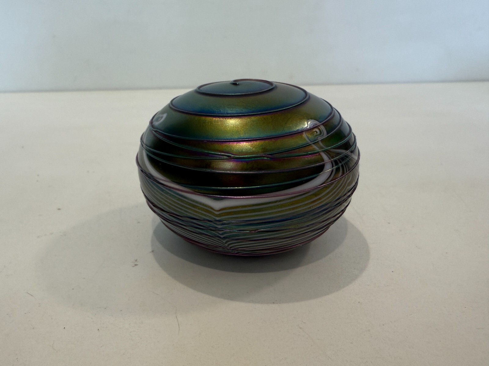 Terry Crider Art Glass Iridescent Threaded Pulled Feather Paperweight, Signed