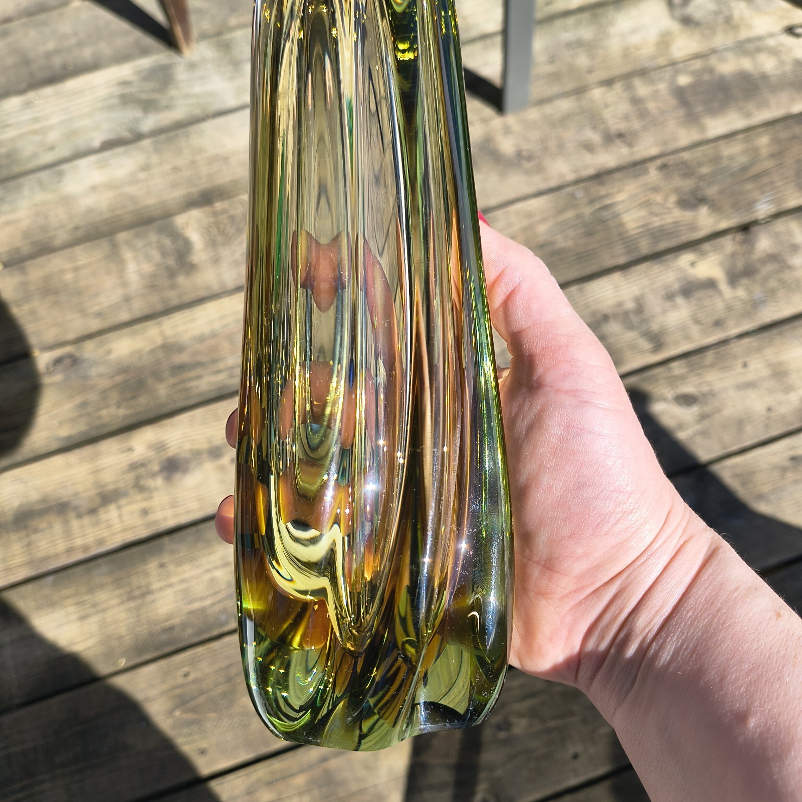 Vtg Sommerso Art Glass Vase Green Amber Mid Century Swirl 8.5″ Polished Bottom