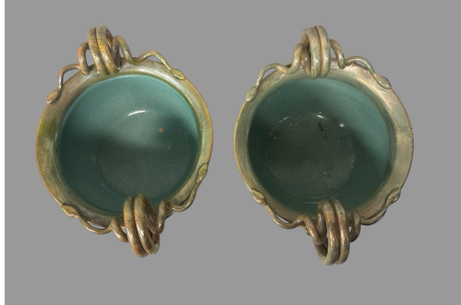 Pair of Antique Italian Dragon Decorated Faience Vases w Figural Snake Handles