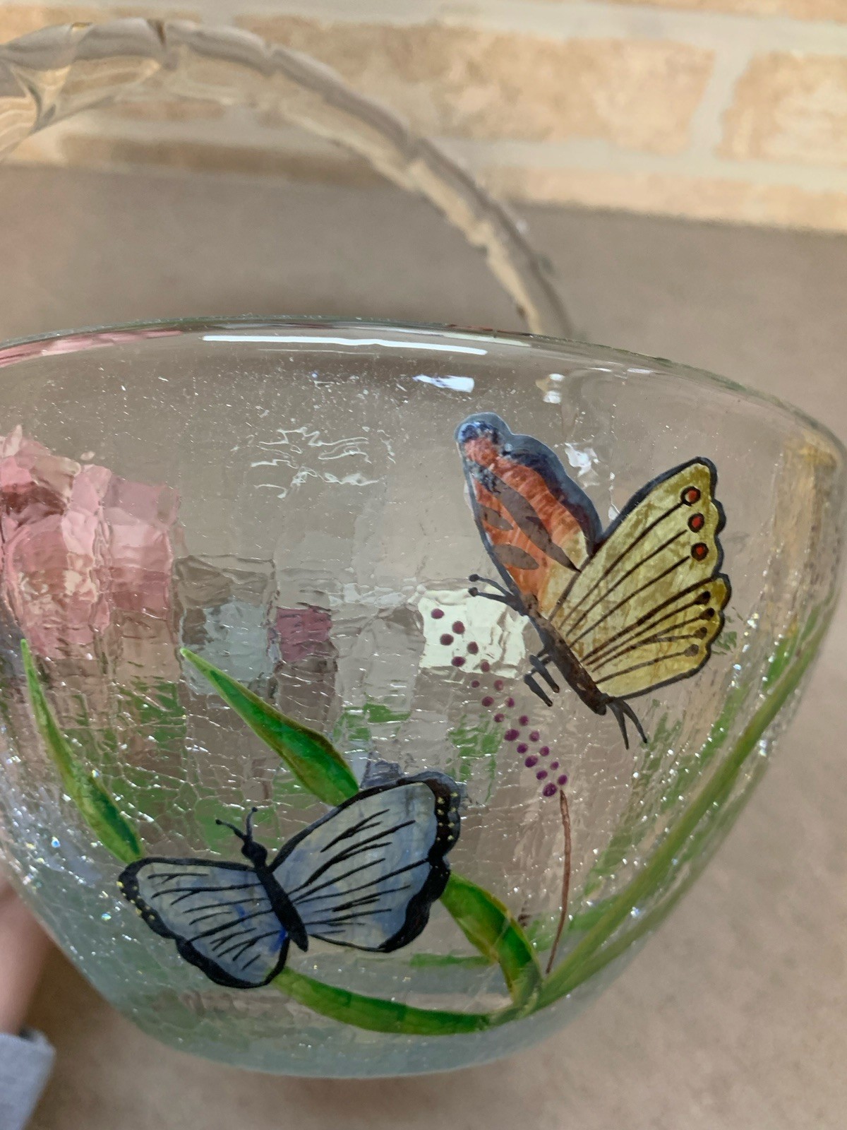 Vintage Fifth Avenue Crystal LTD Romania Crackle Glass Butterfly Basket