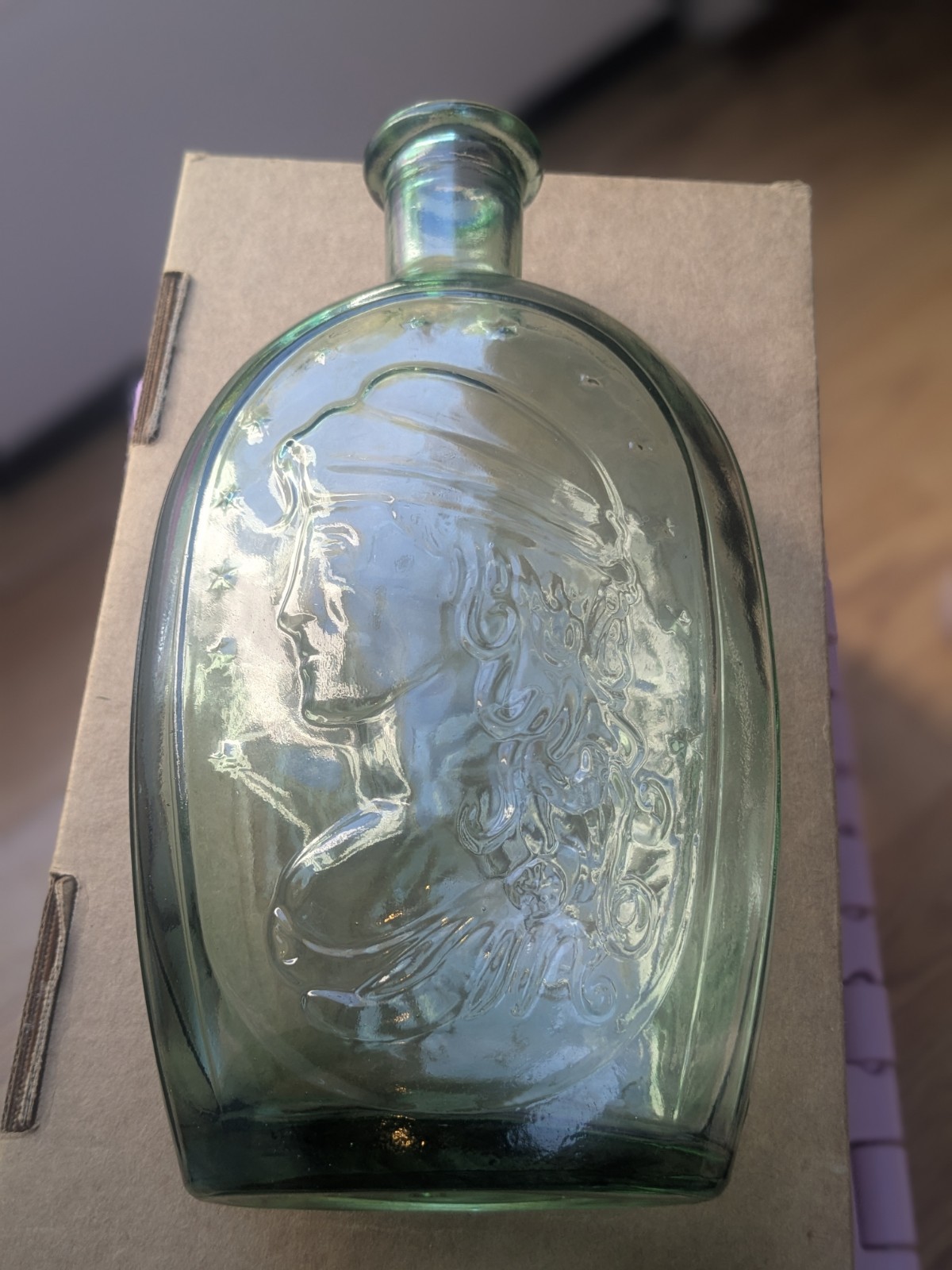 Vintage Wheaton Lady Liberty Eagle Shield Green Glass Flask Bottle