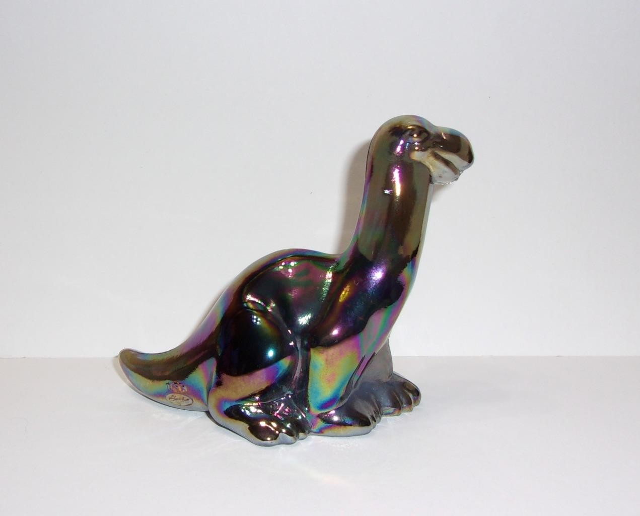 Fenton Glass Smoke Carnival Iridized Dinosaur Figurine Mosser Made In USA