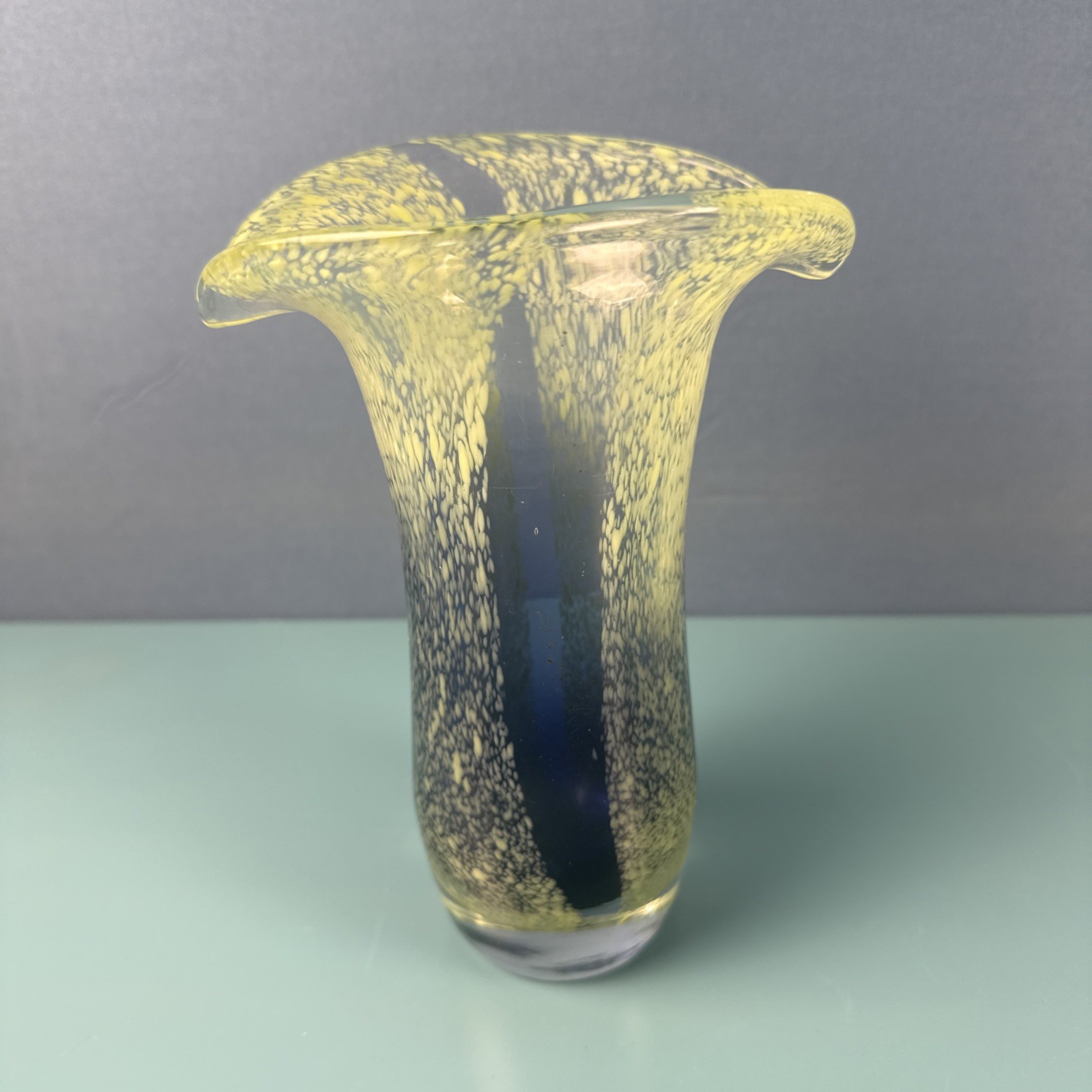 Vintage Teleflora Lime Green Blue Art Glass Vase Speckled Flared Lip Hand Blown