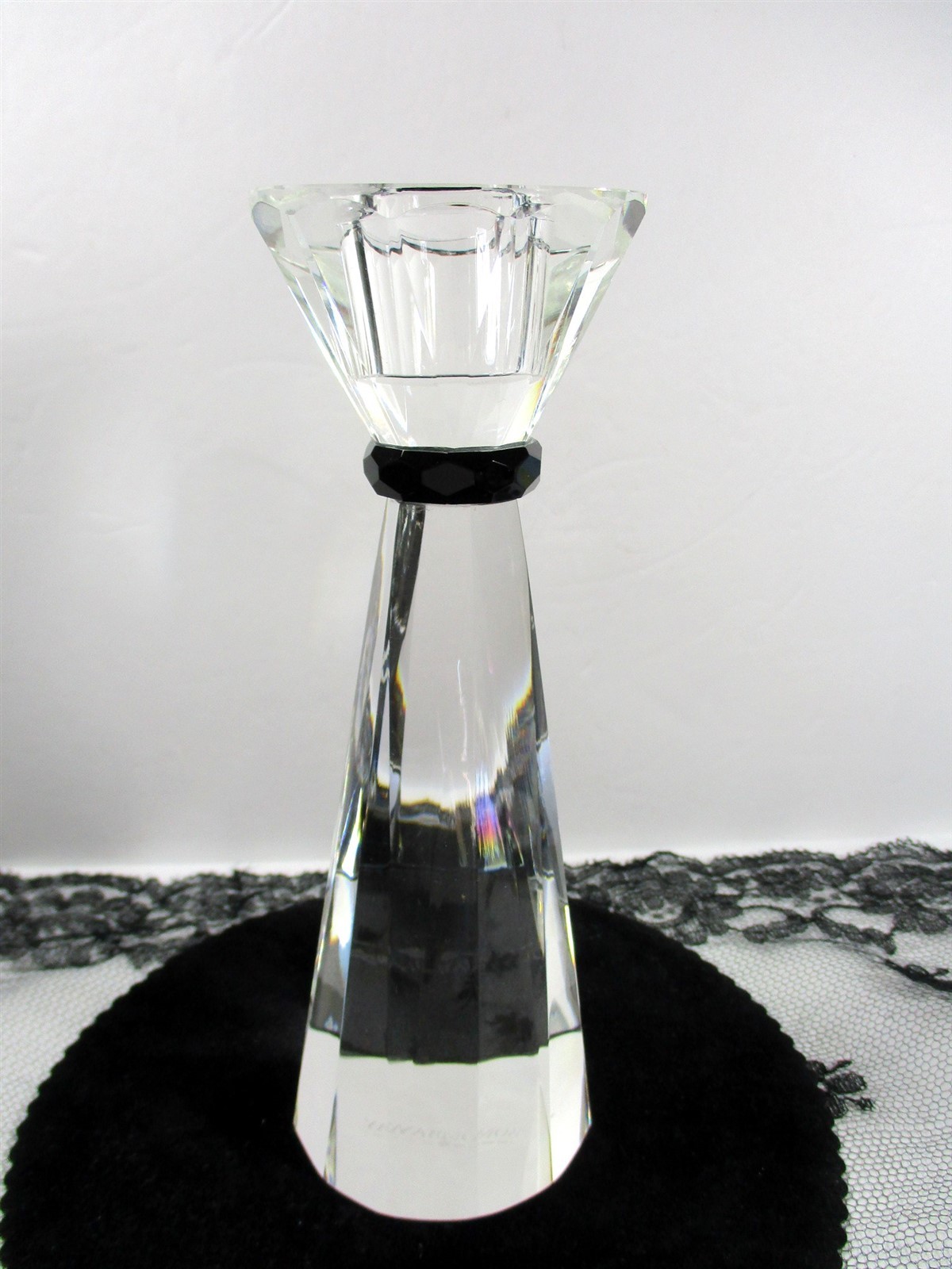 Crystal Candle Stick Holder Bombay Clear Faceted Optic And Black Trim 7″ Tall