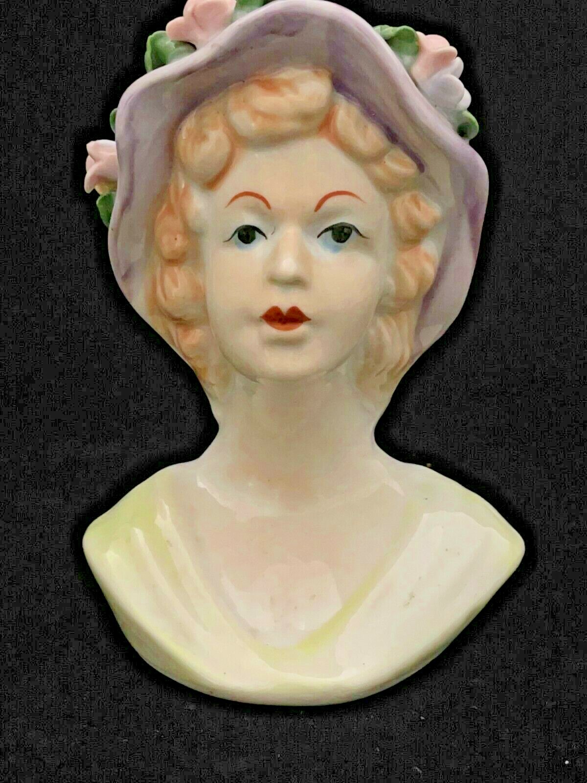 Blond Lady Head w/ Purple Bonnet Hat Bust Ceramic Blue Eyes Vintage Vase Planter