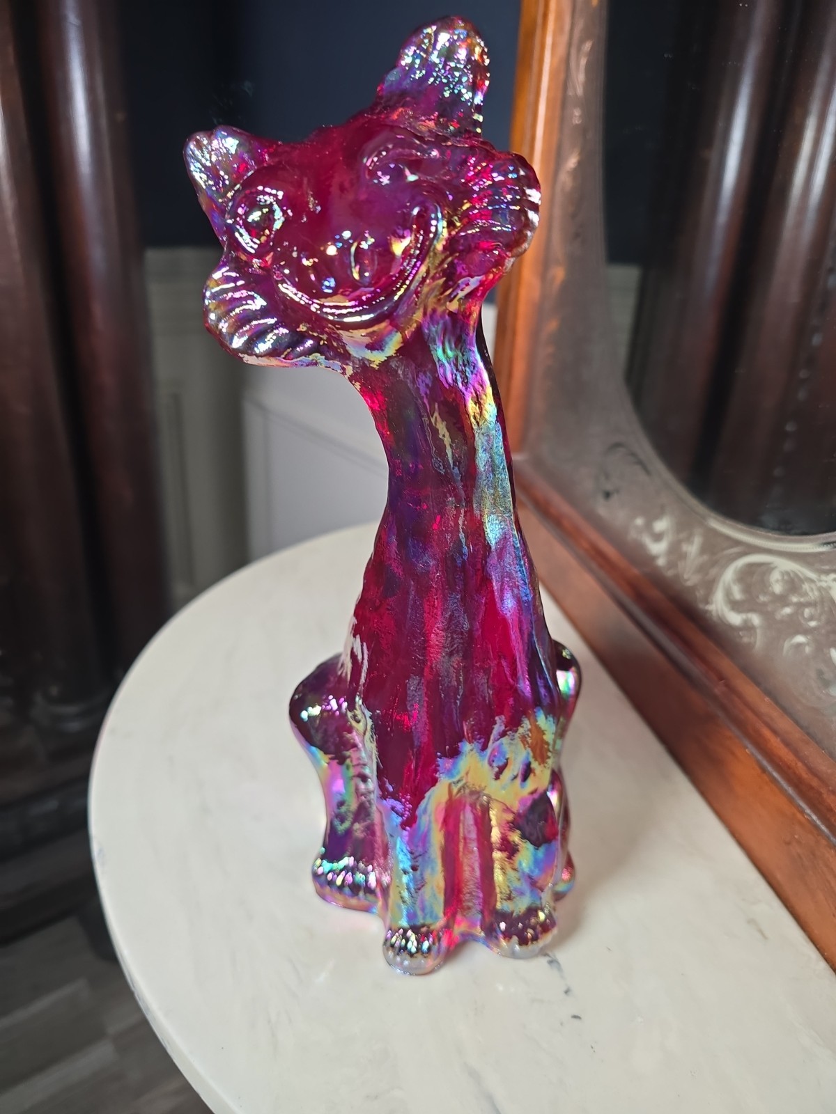 VNTG Fenton Iridized Red Carnival Glass Alley Cat Large 11″ HEAVY Iridescence