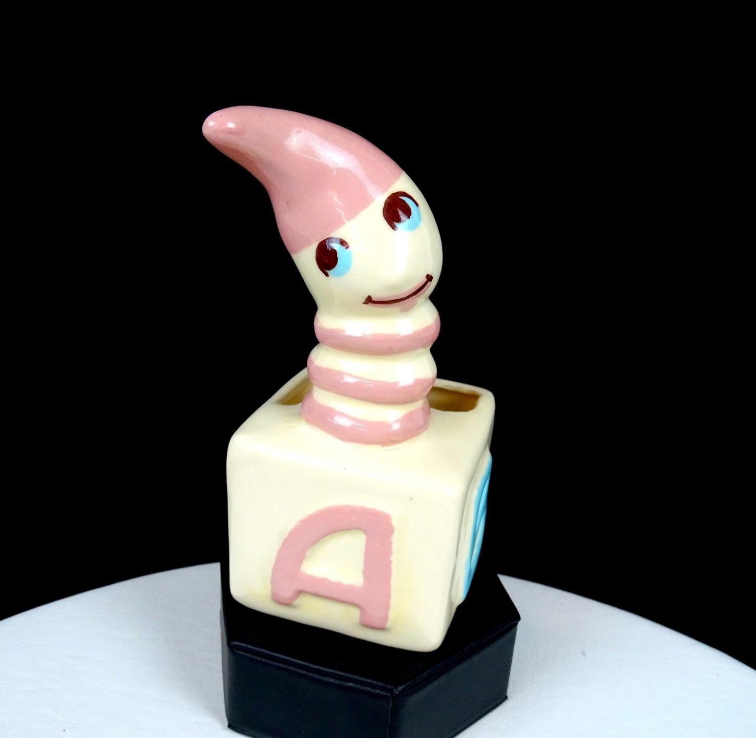 California Pottery Signed ABC Block Worm in Sleeping Cap 5 3/8″ Planter 1940-50