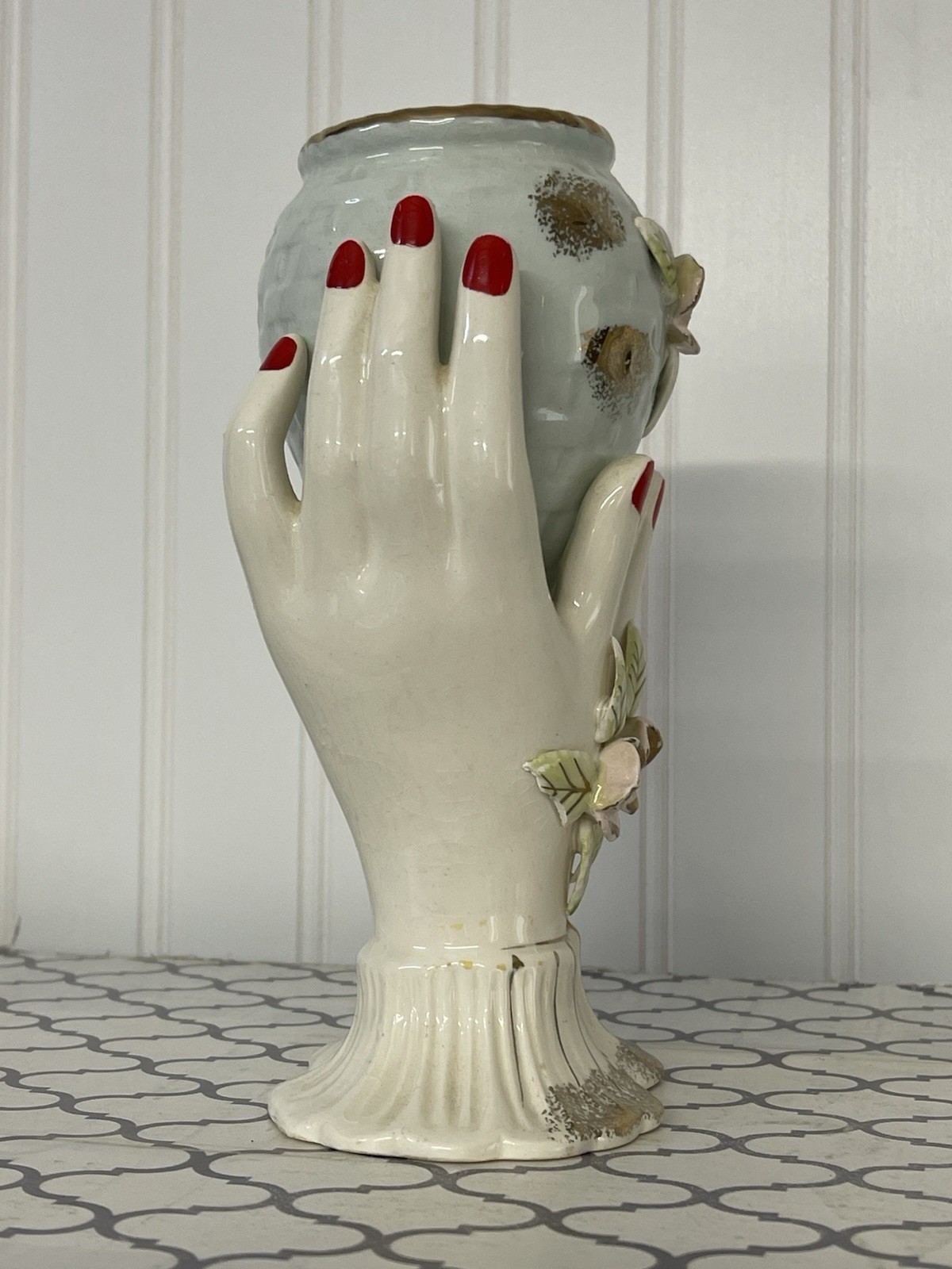 1950’s-60’s Vintage Hand Form Blue Basket Weave Flower Vase Roses
