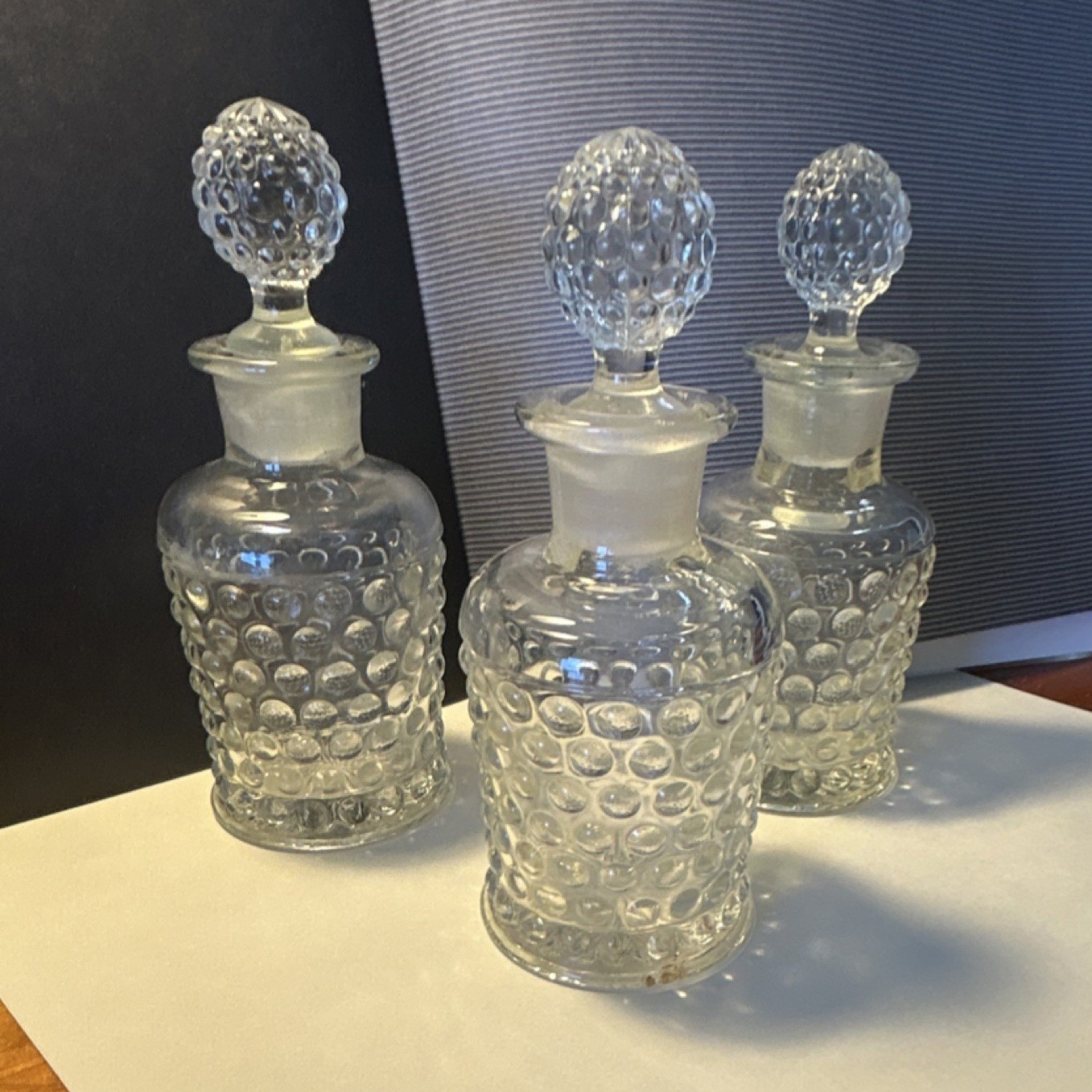 Set of 3 Clear Hobnail Pressed Glass Decorative Bottles with Patterned Stoppers
