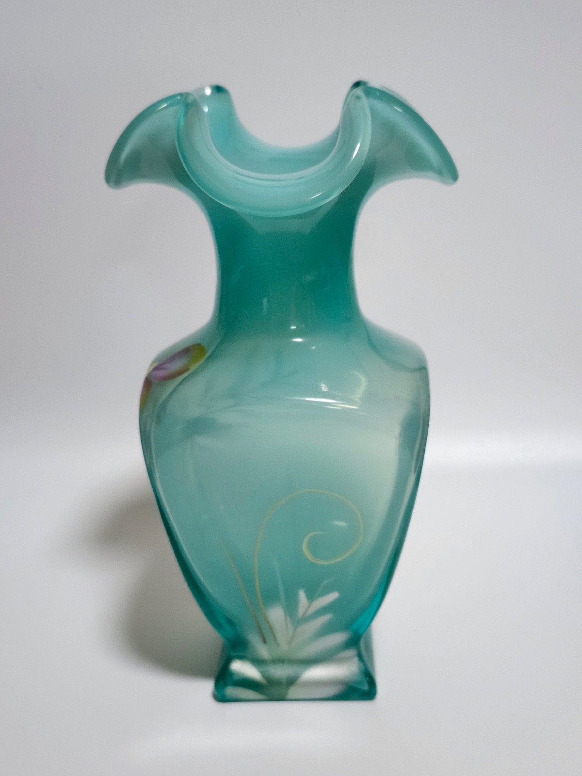 Fenton hand painted robins egg opalescent blue square vase with butterfly