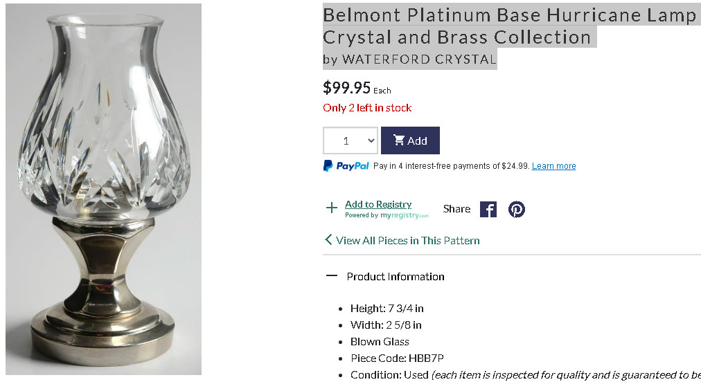 Waterford Crystal HURRICANE LAMP Candle Holder BELMONT PLATINUM Base 7-3/4″ EXC