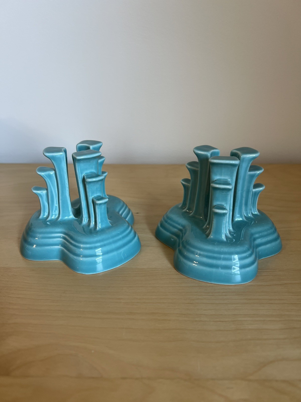Fiesta Turquoise Tripod Pyramid Candle Pair Holder by Homer Laughlin, Art Deco