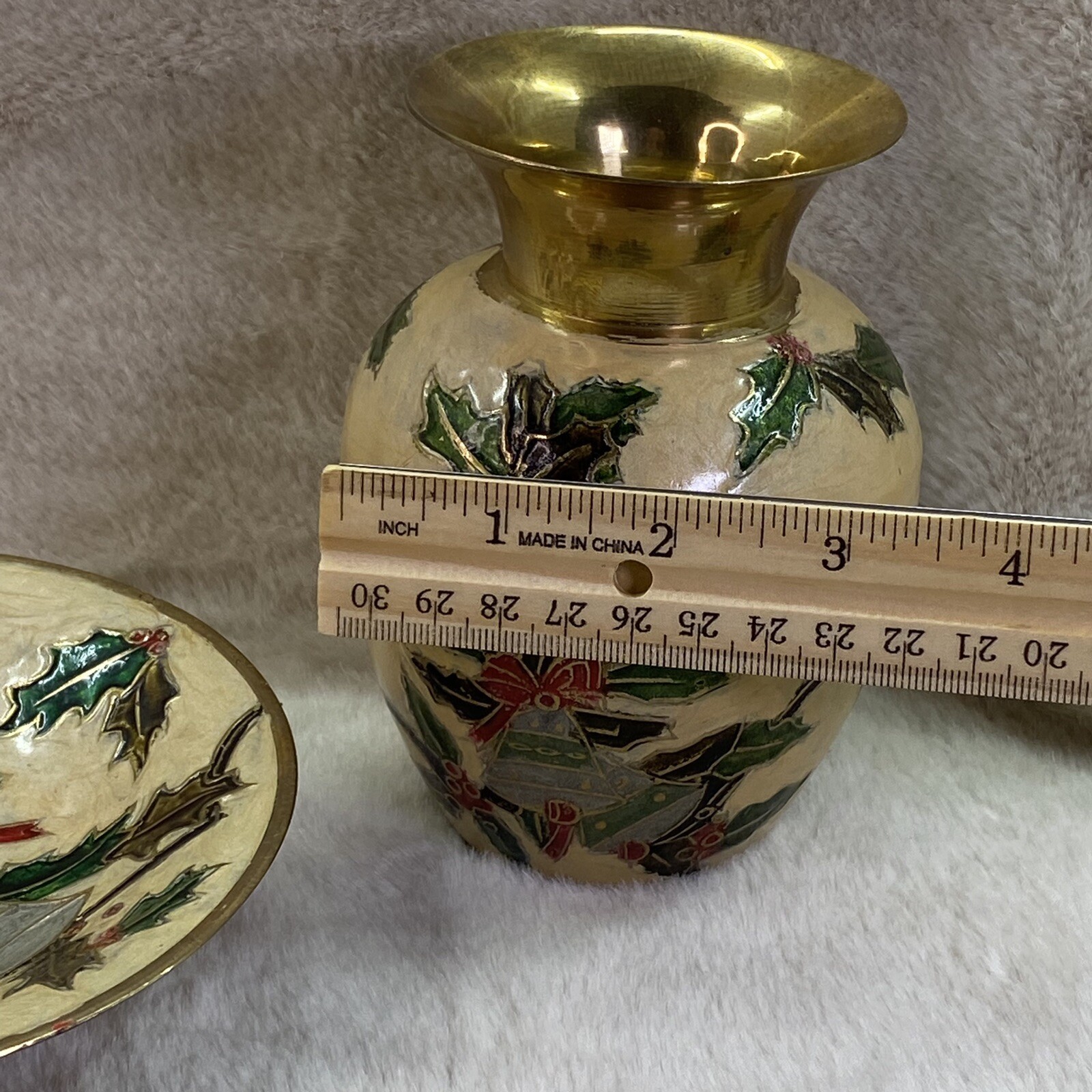 Vintage Cloisonne Enamel Finish Brass India Holly Bells Christmas Vase & Dish 5”