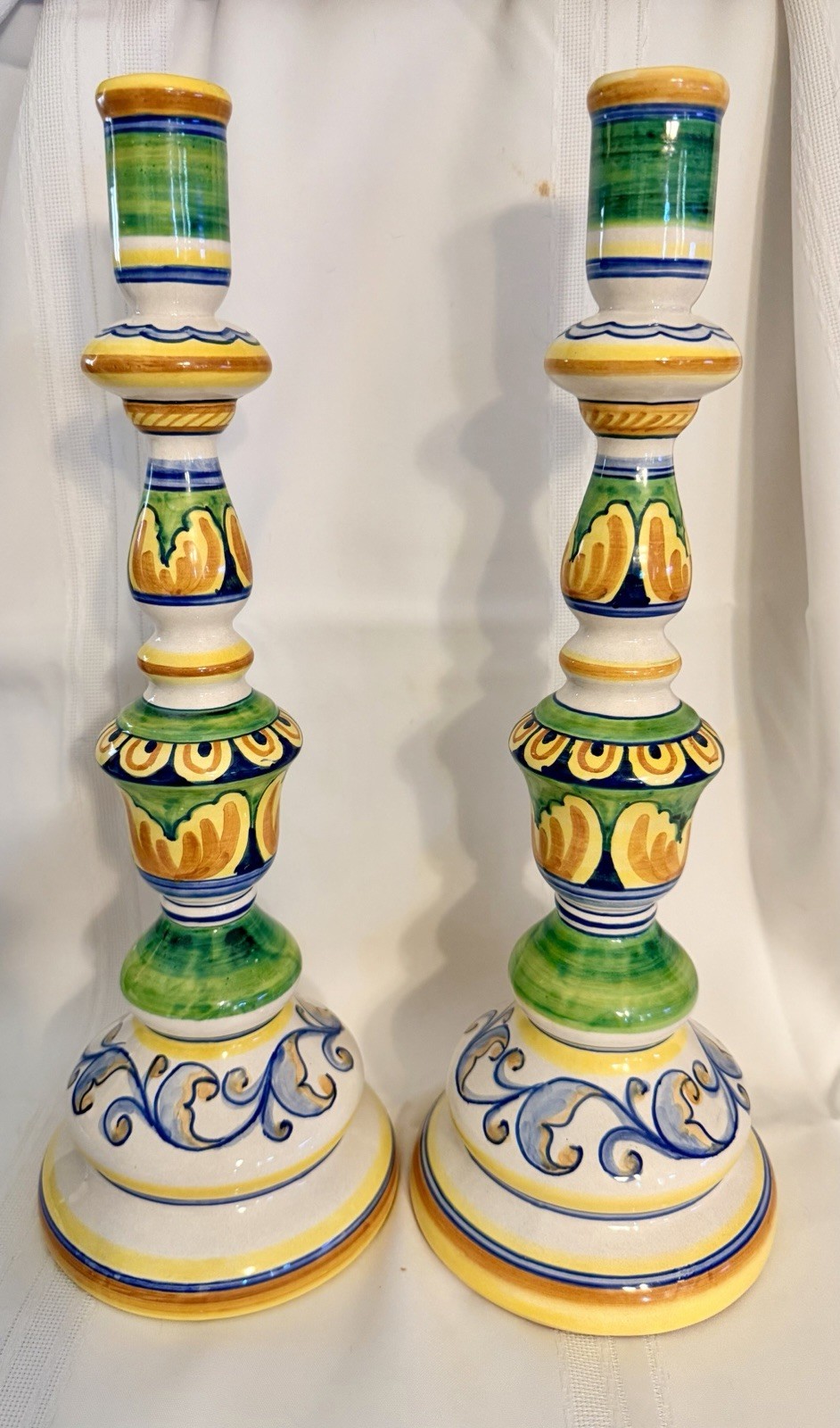 Deruta Pair Hand-Painted Signed C. Antico Italian Ceramic Floral Candlesticks
