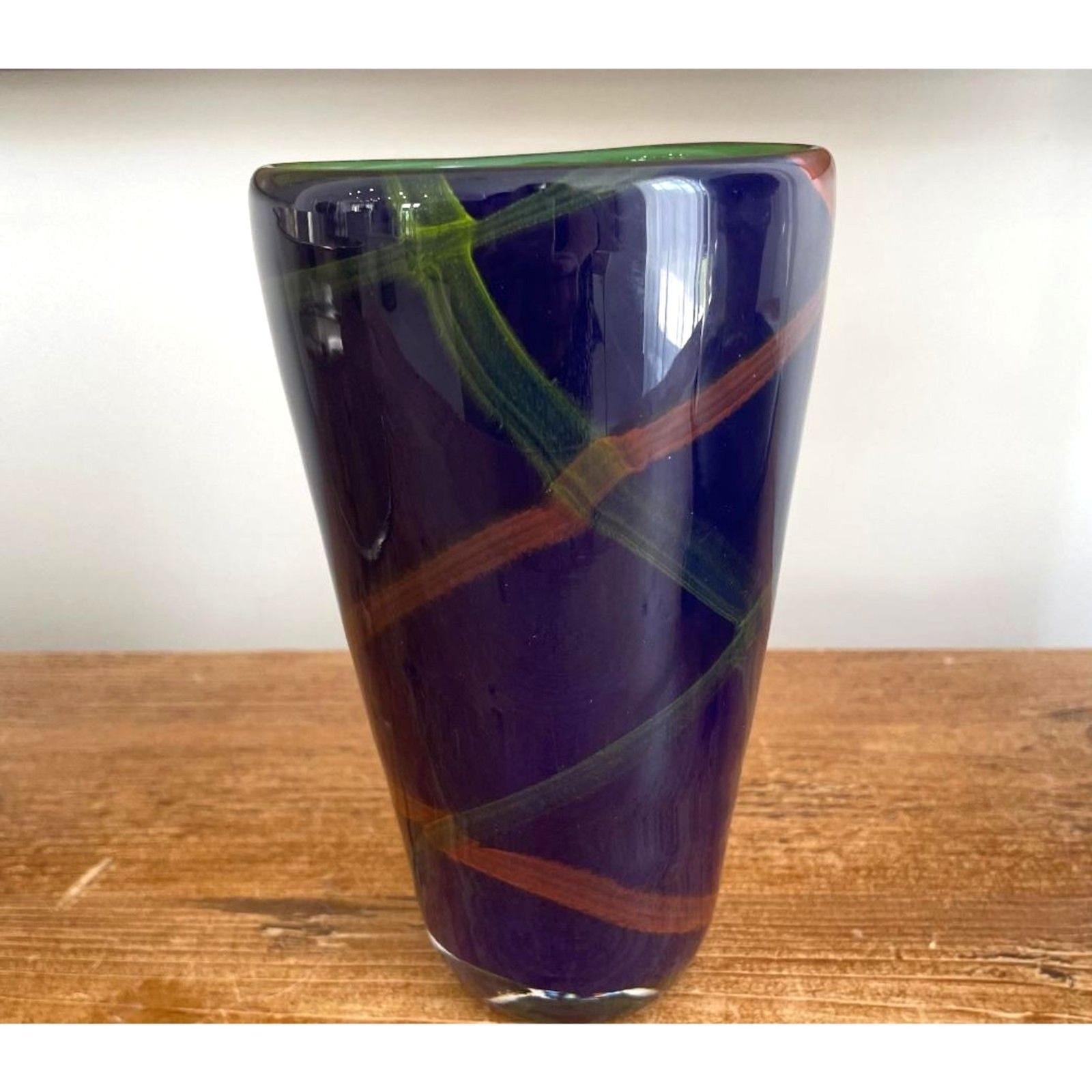Vintage Soholm Danmark Blue Glass Vase with Cross Ribbon Accents