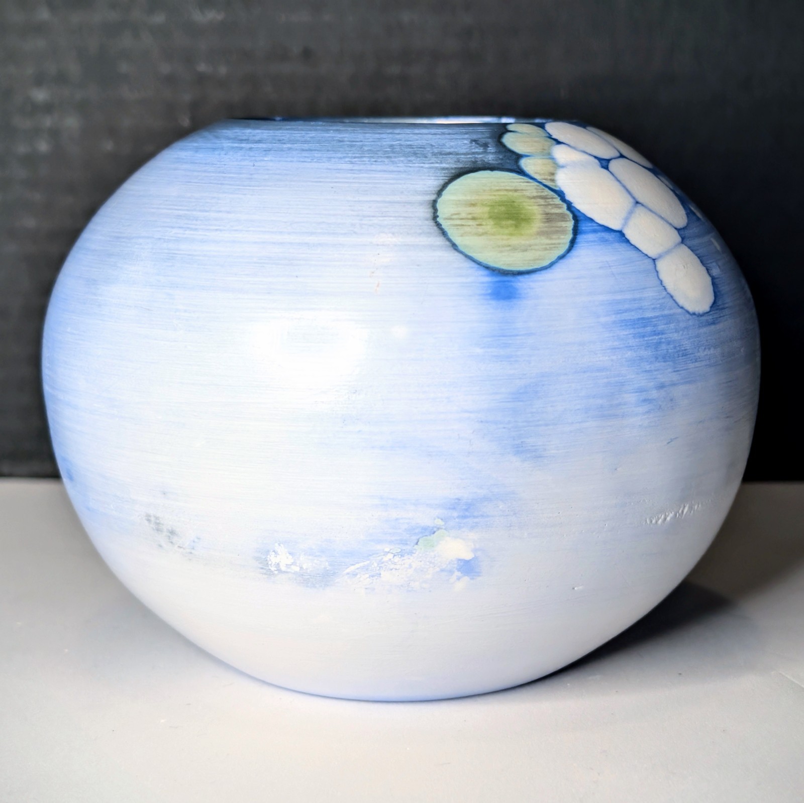 Small Lavender & Blue Crystalline Vase Milky White Glaze Blue Feathering & Drips