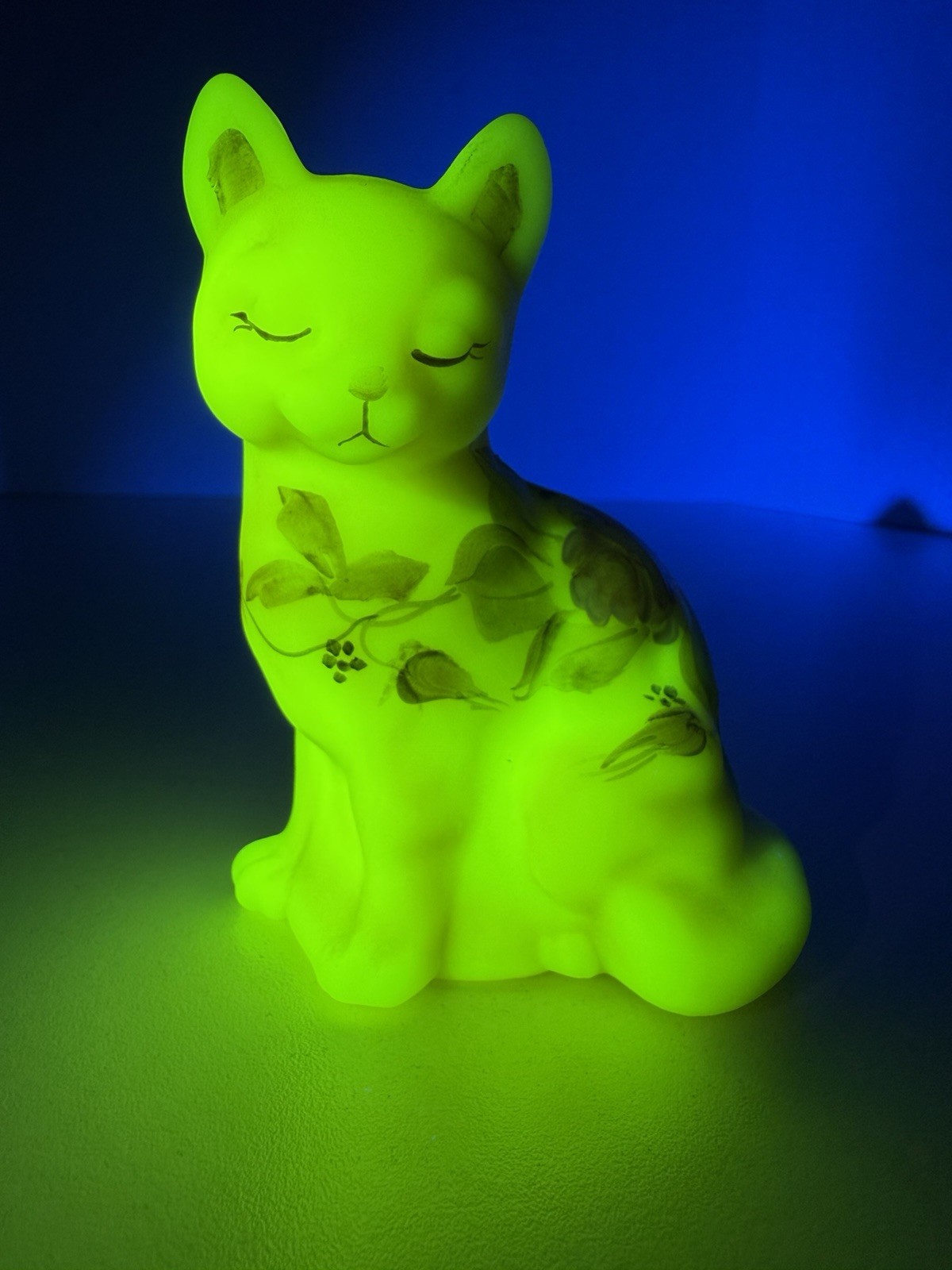 Vintage Fenton Burmese Glass Cat Hand Painted Floral Roses, Uranium