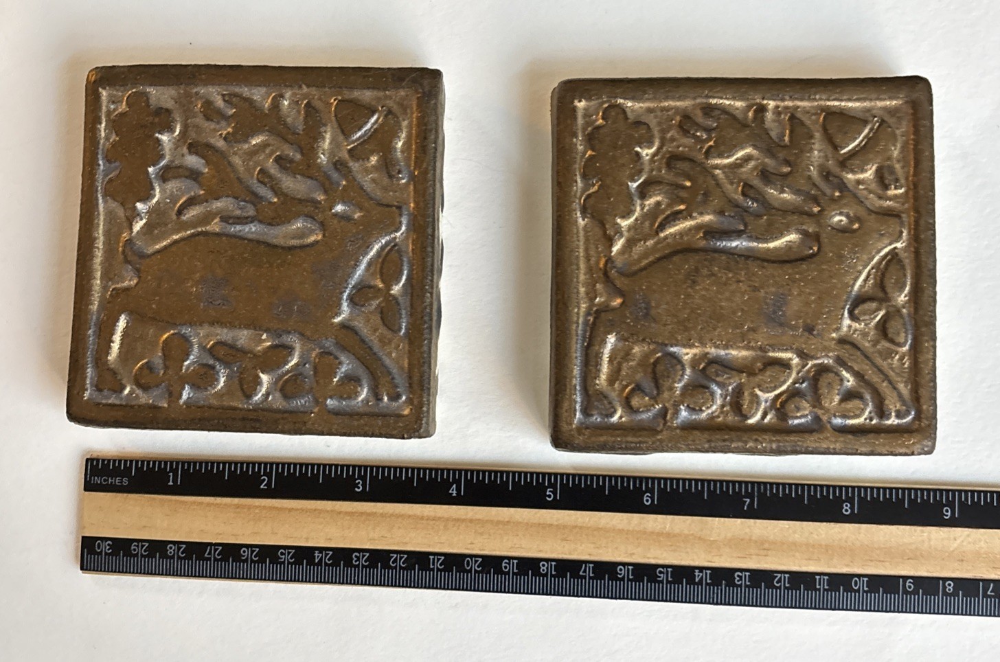 Pair-2 MOTAWI TILEWORKS Medieval Stag 4” x 4” Right Facing Copper/Bronze Tiles