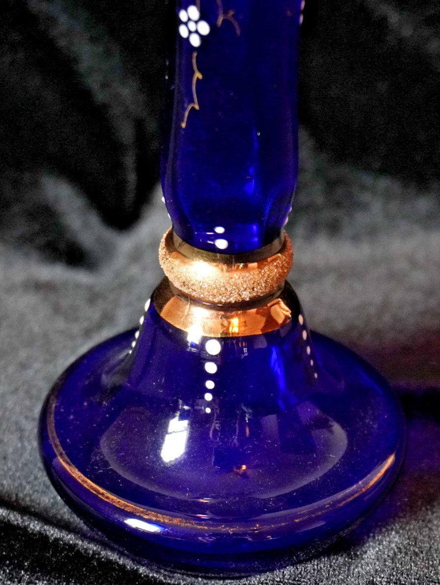 Vintage Bohemian Cobalt Blue Glass Vase Gold Gilt Enamel 6.75”