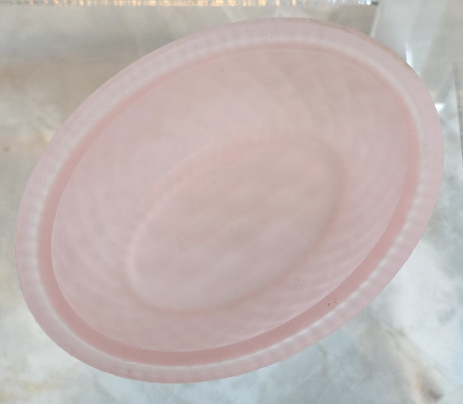 Vintage Pink Satin Frosted Glass Bunny Rabbit On Nest Covered Candy Trinket Dish