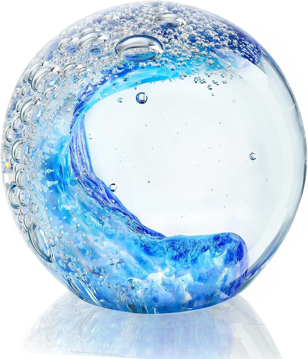 Hand Blown Ocean Wave Glass Ball, 2.3″ Blue Glass Paperweight