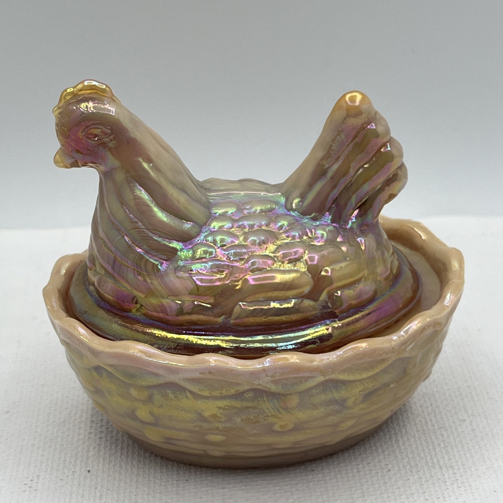 Hen On The Nest Summit Peach Opalescent Glass W/ Marigold Carnival Iridescent