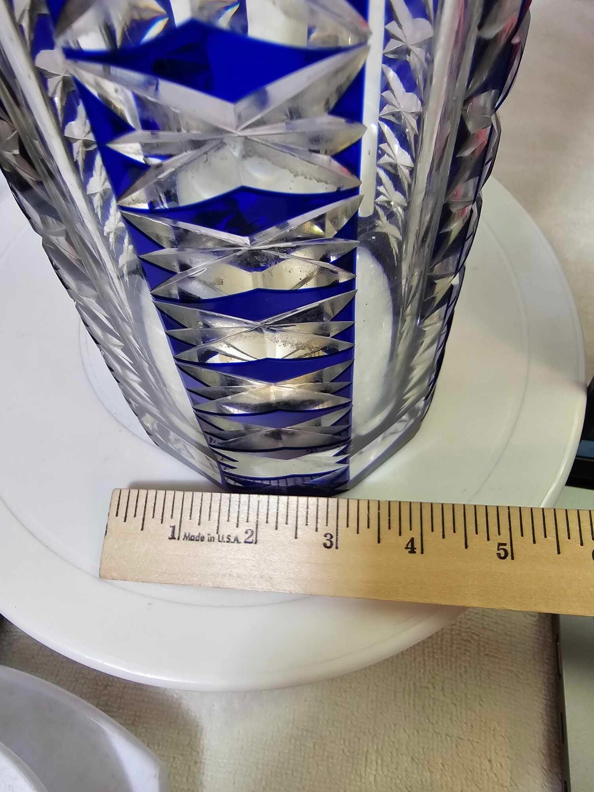 Vtg Bohemian Czech Cut cobalt blue to clear glass vase large 12in” -A6
