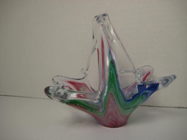 Murano Glass Pastel Basket Pink Blue Green With Sticker 4 x 4.5 x 3 in.