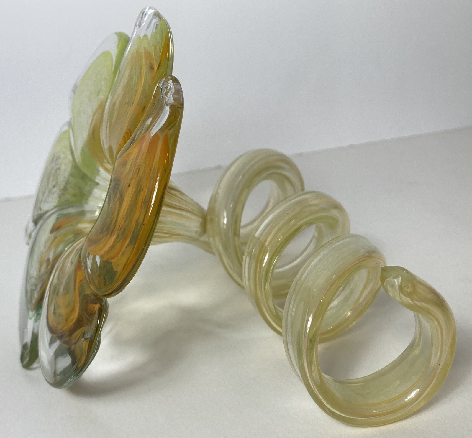 Art Glass FLOWER WITH SWIRLED STEM Clear Orange Yellow Green 4.5 Inches Tall
