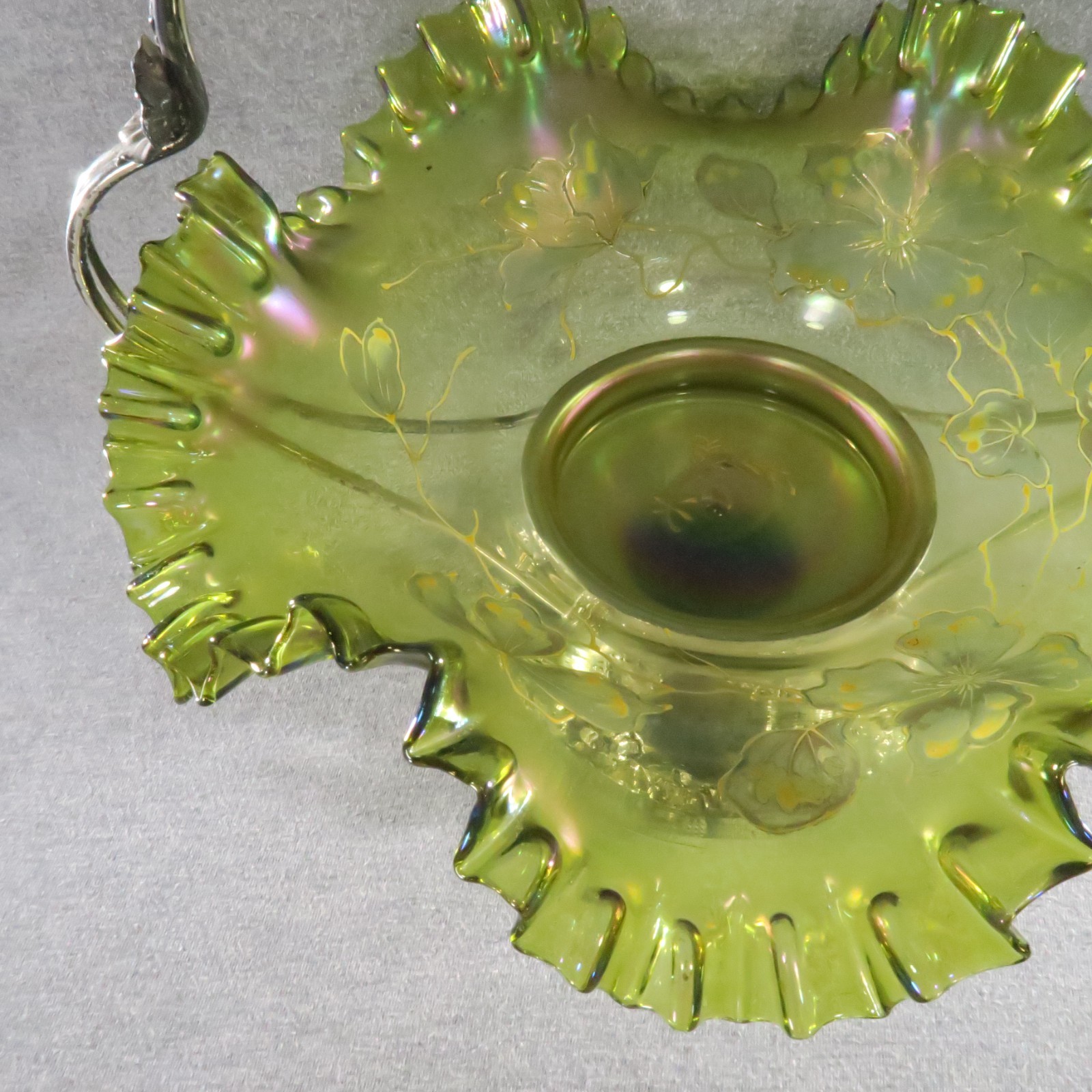 Antique Brides Basket Green Iridescent Ruffled Art Glass Silverplate Art Nouveau