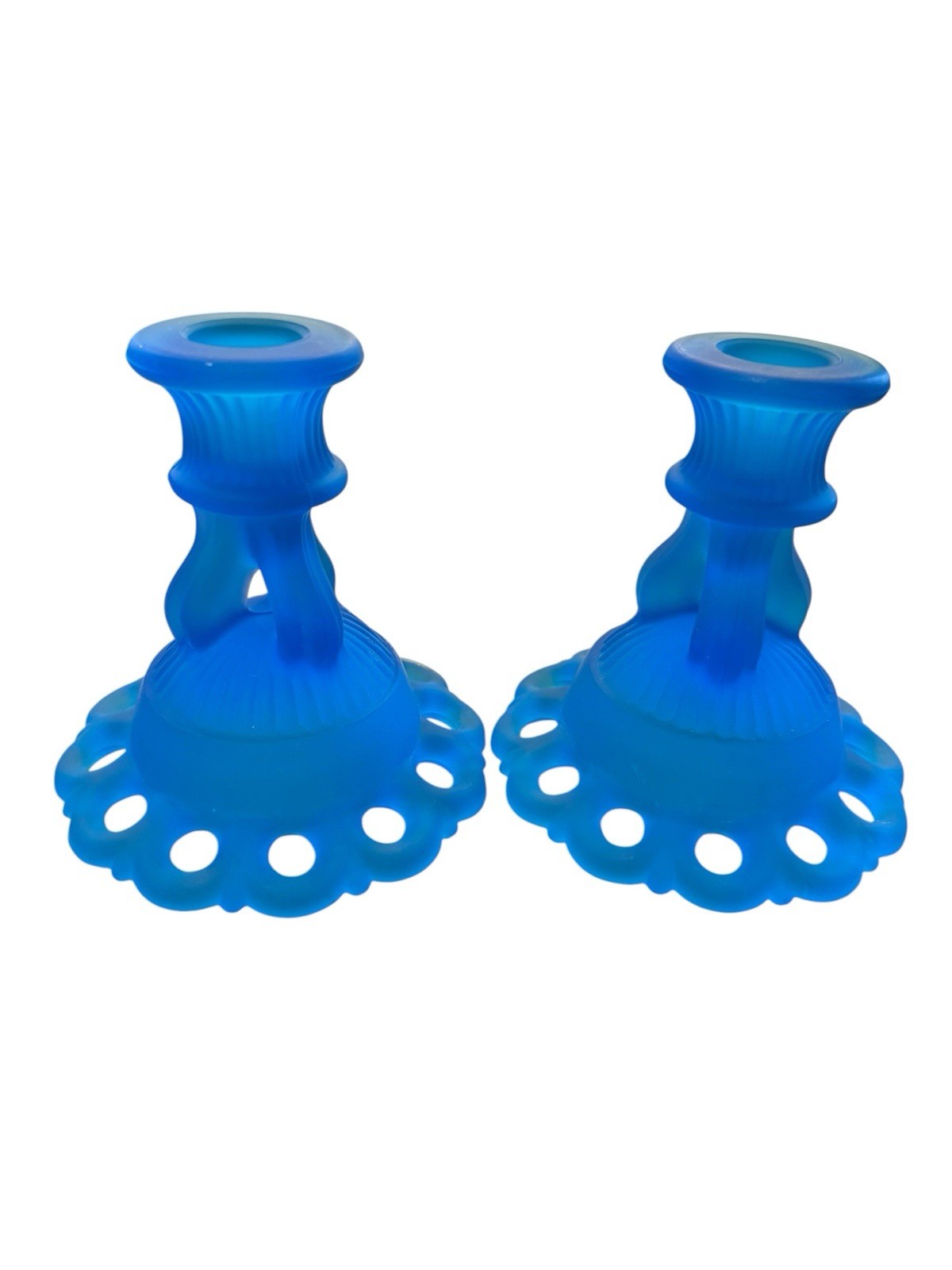 Vintage Westmoreland Doric Open Lace Candlestick Holder Blue Satin Mist