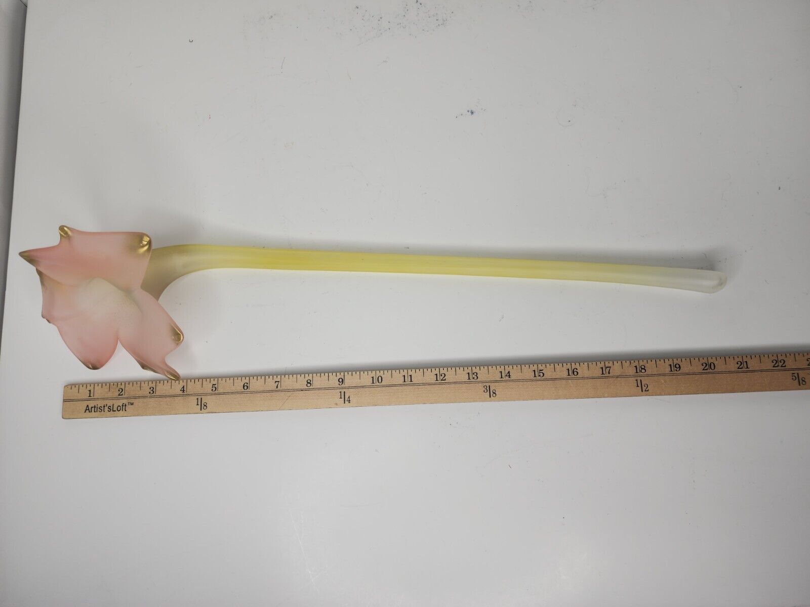 Long Frosted Yellow Pink and Gold Hollow Art glass flower 20 1/2”