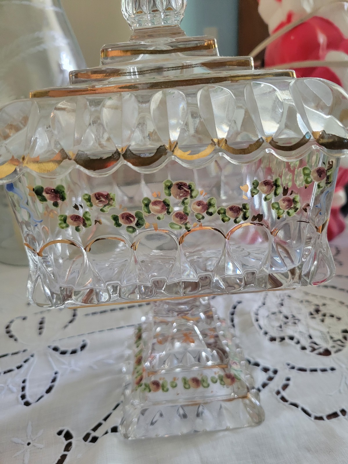 VTG Pair Jeanette Glass Pedestal Candy Dish Wedding Box Gold Trim Floral