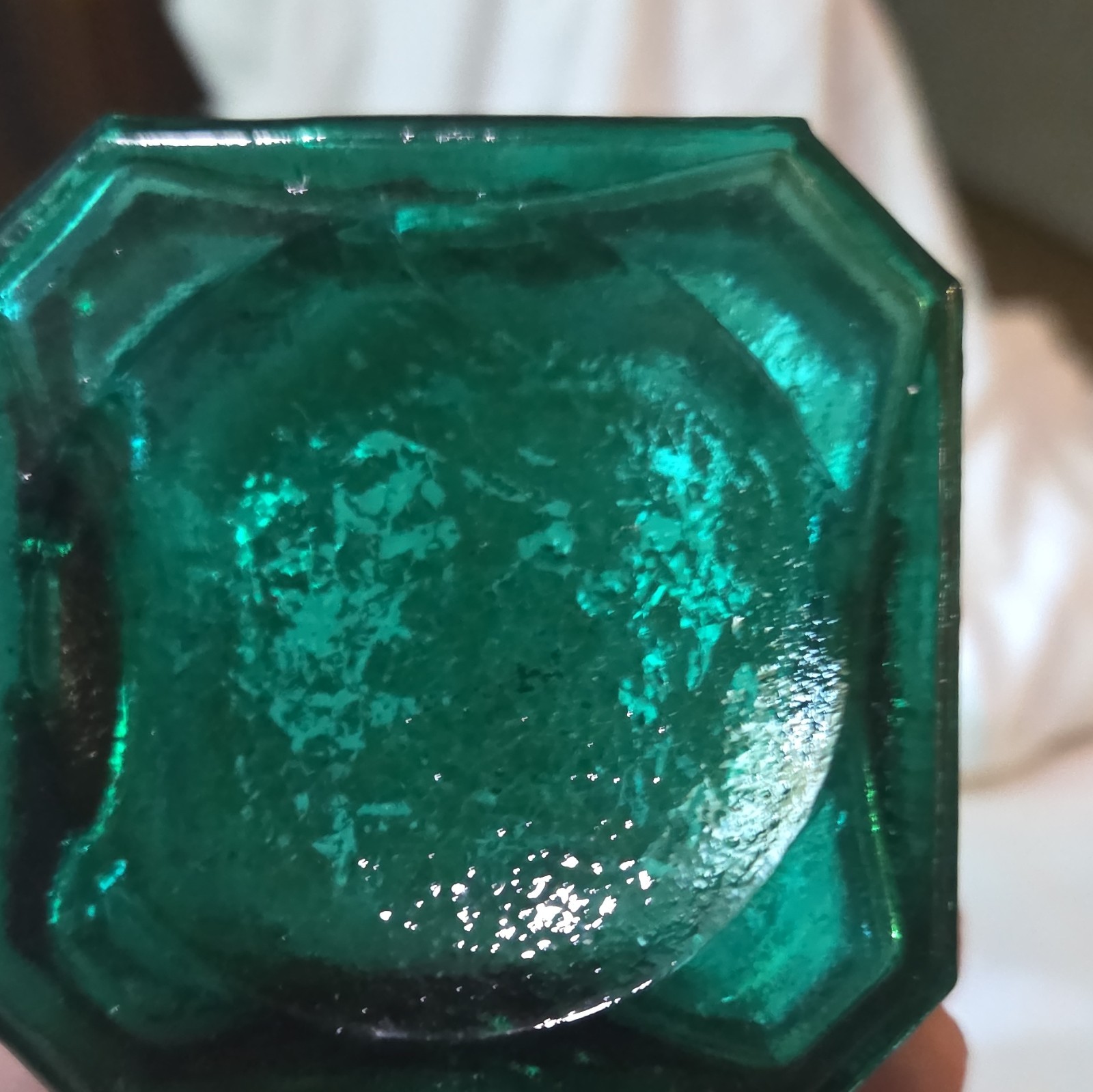 Green Pressed Glass Decorative Bottle w/ Stopper, Geometric Pattern