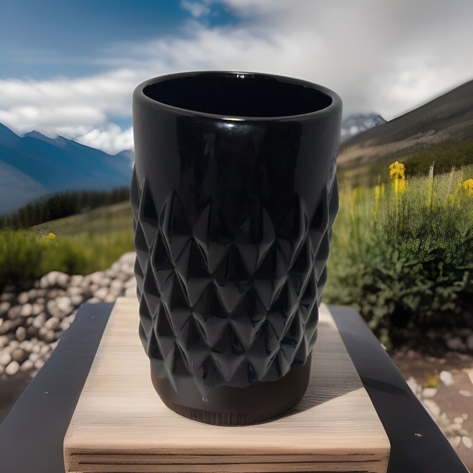 Threshold Earthenware Vase Black With Diamond Pointy Pattern 7” High