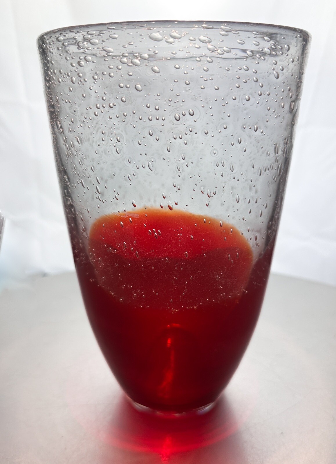 Hand Blown Art Glass Vase Red/Orange Clear Tons Of Bubbles 8.5” Heavy EUC