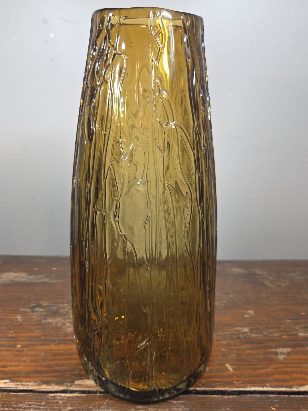 Vintage Empoli Amber Glass Vase Embossed Wax Drip Design Flat Oval Skirt Shape