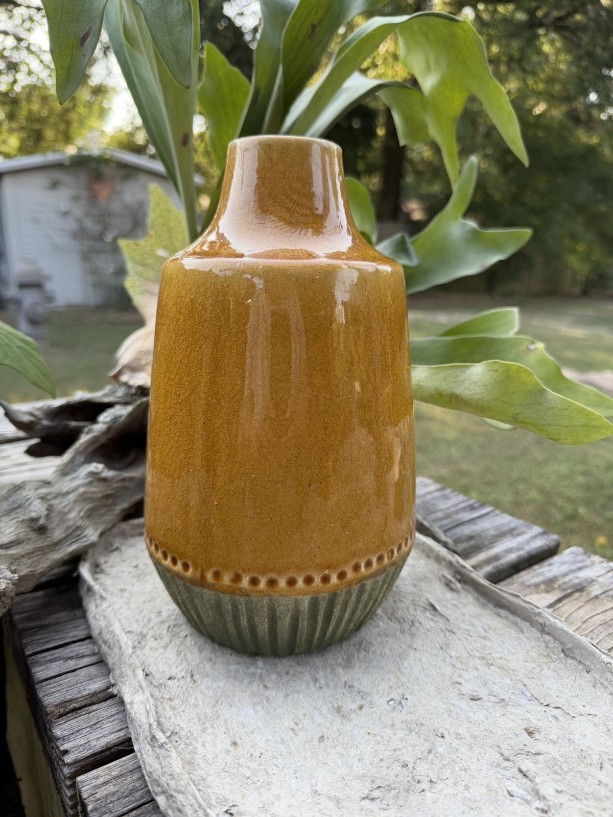Vintage Studio Pottery Vase Amber Crackle Glaze Olive Green Ceramic 10” Decor