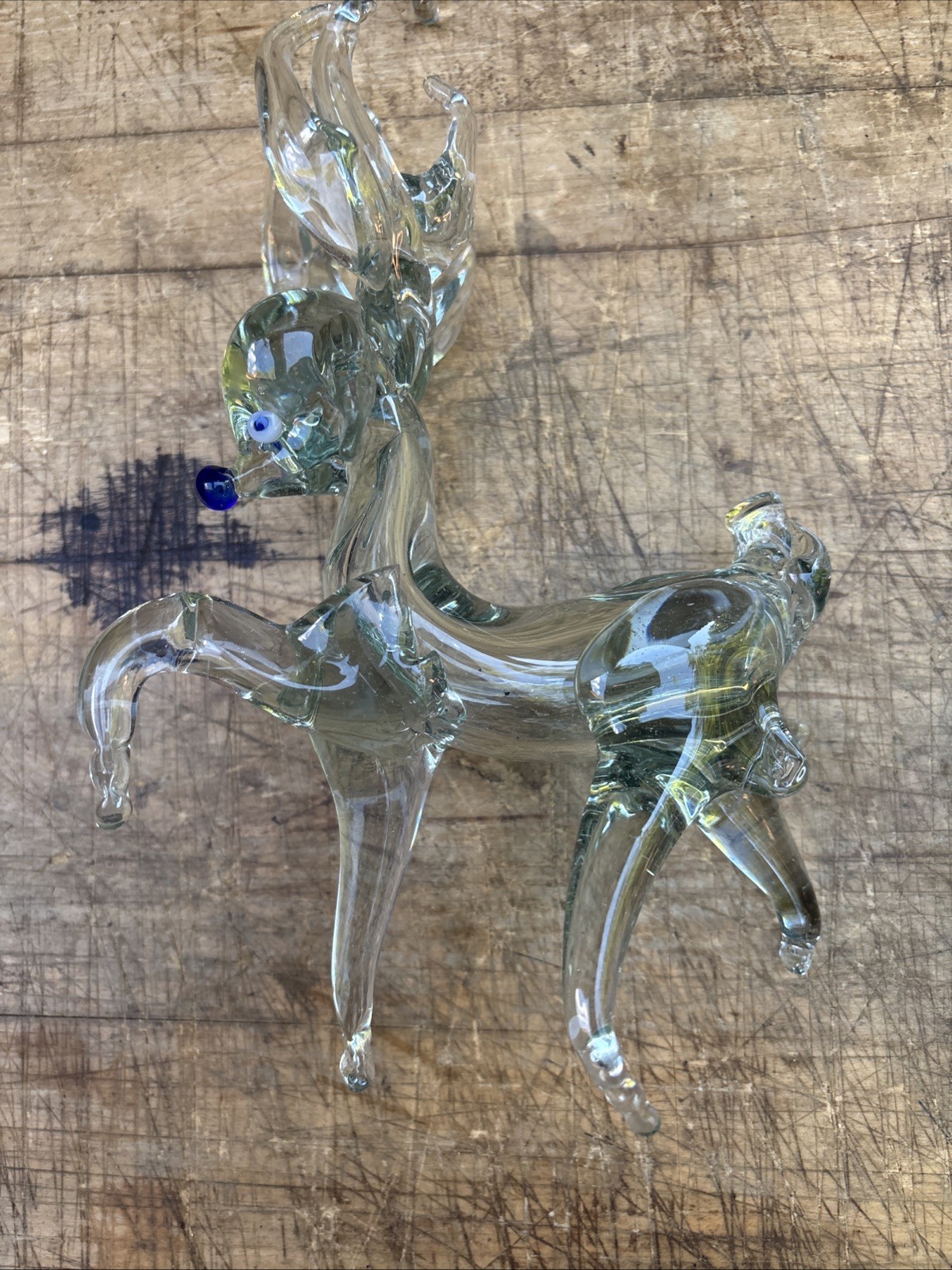 RARE Vintage Hand Blown Glass Sleigh And Reindeer Blue Nose. Read Description