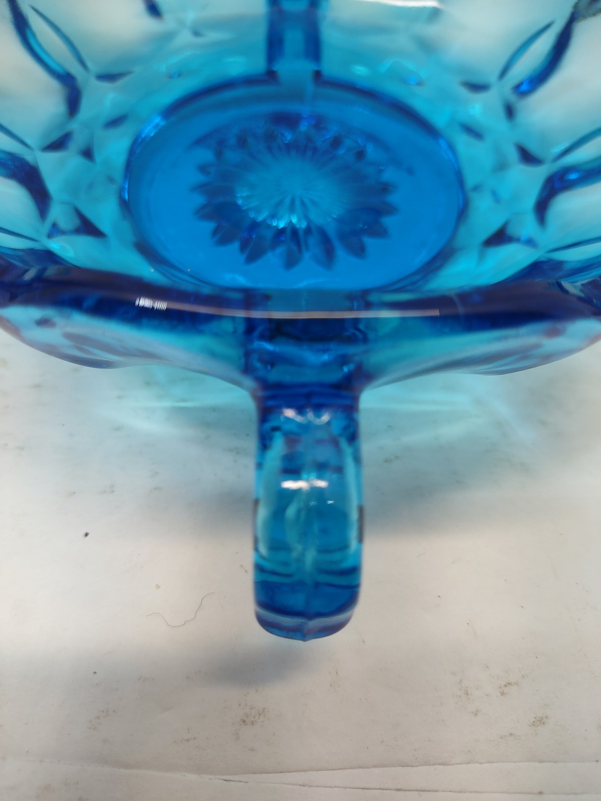 Vintage Depression Glass Blue Scalloped Footed Handled Bowl Dish Starburst