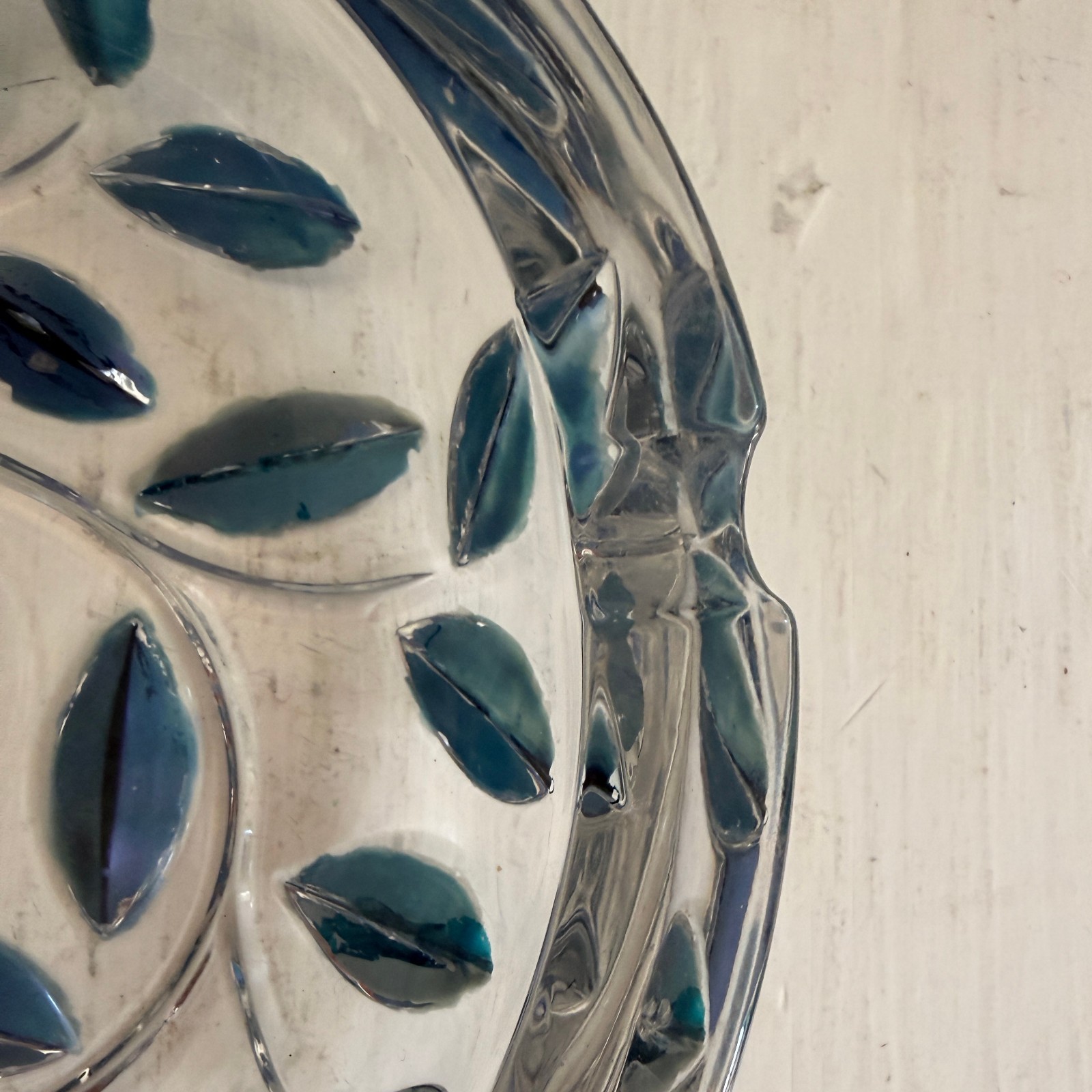 Colorful Blue & Green Leaves Heavy Glass Ashtray 7 inch Diameter 2 1/4 lbs