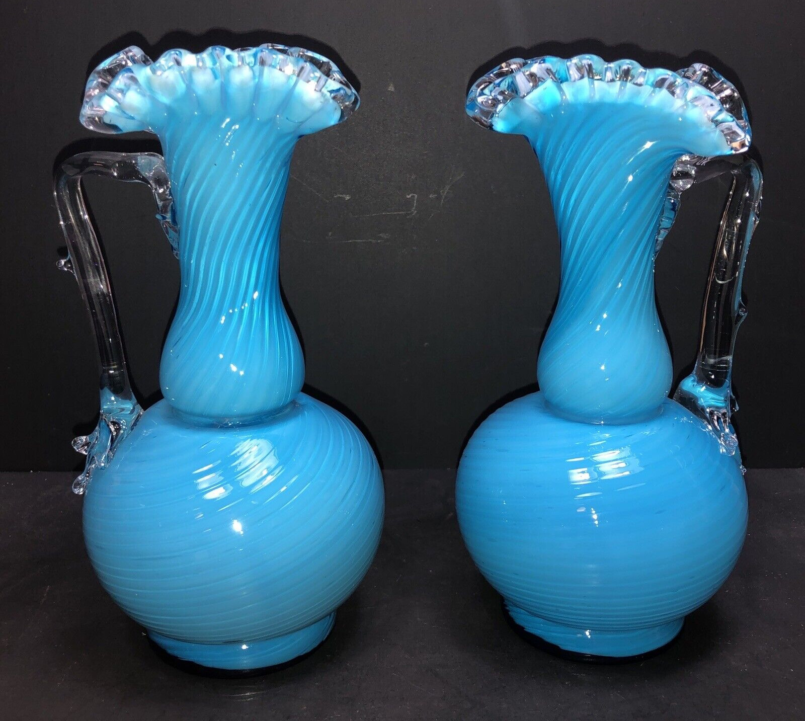 Antique Stourbridge Overlay Victorian Stevens & Williams Blue Ewer Pitcher Vase