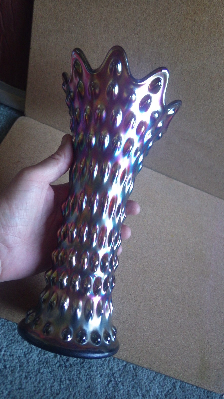 VINTAGE FENTON RUSTIC CARNIVAL GLASS VASE AMETHYST MEDIUM BASE HOBNAIL VARIANT