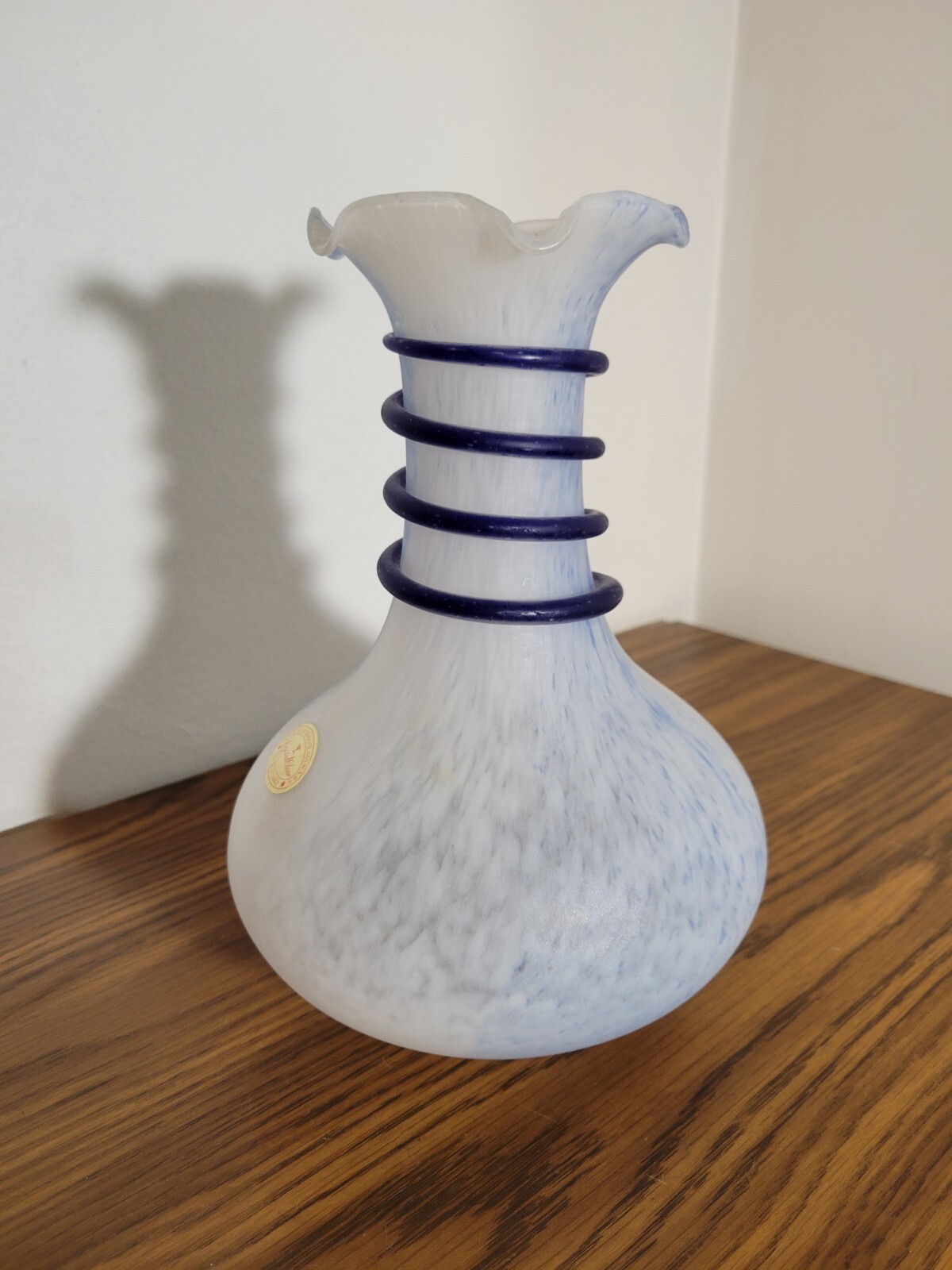 Murano Style Glass Ware Crystal Clear Italy White And Blue Cobalt Spiral Vase