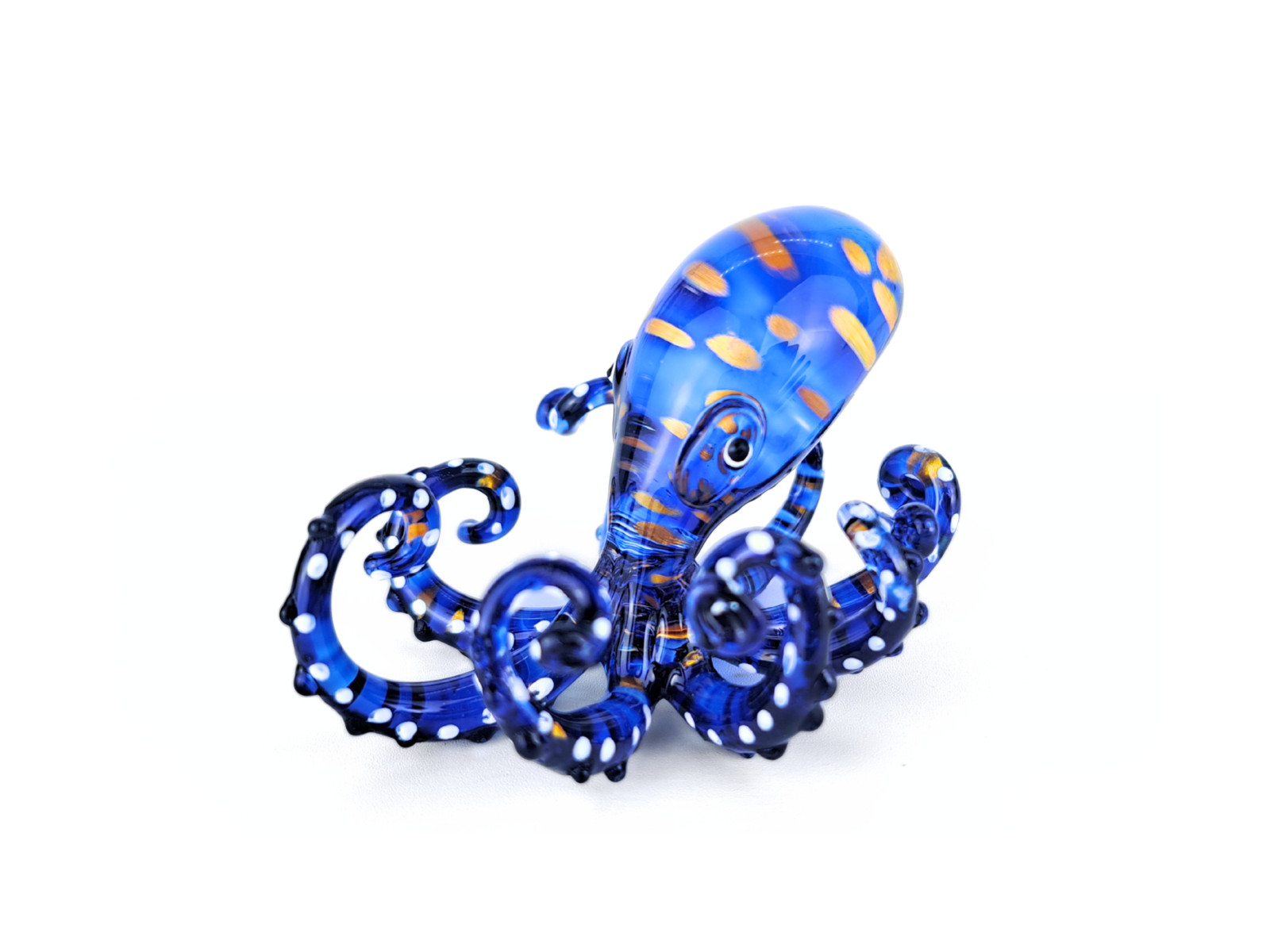 Hand Blown Glass Octopus Figurine Blue Gold Marine Art Ocean Decor Squid