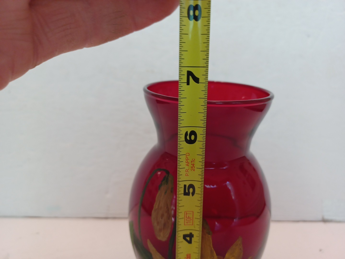 Ruby Red Hand Painted “Floral Lily” Glass Vase 6.5″ Tall Unmarked Used