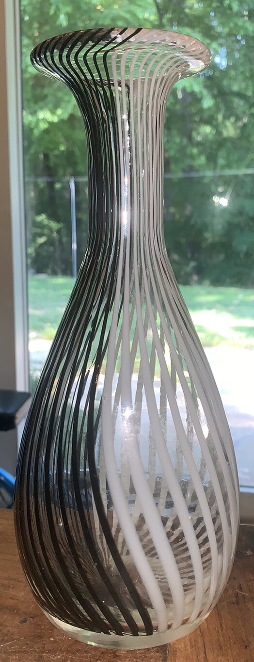 Modern Art Blown Glass Vase Black White Clear Murano Style 10.5”T 4.25”Diam Body