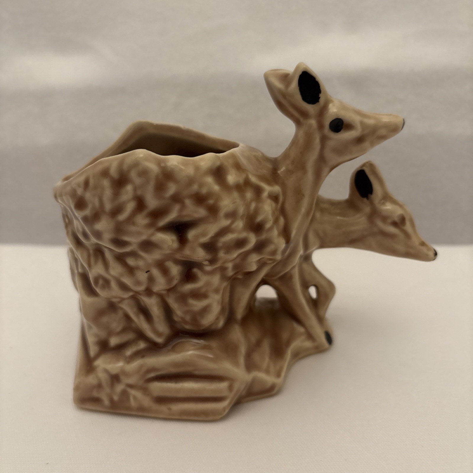 Vintage McCoy Pottery Deer & Fawn Woodland Beige/Brown Glaze Ceramic 4” Planter